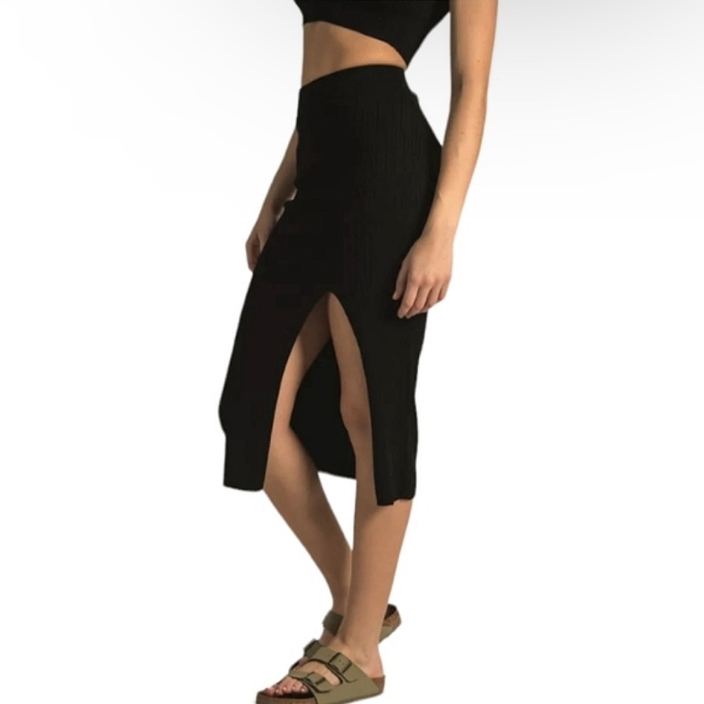 House of HARLOW 1960 AUDREY RIBBED SLIT SKIRT Black Neutral Size XS - Picture 2 of 10